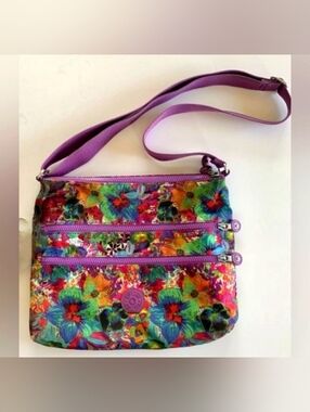 Vibrant Purple Floral Crossbody Bag- Mulitple Compartments